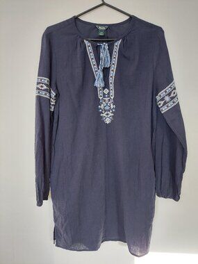 Roots Navy Embroidered Peasant Beach Dress Tassel Ties Size S 100% Cotton Boho